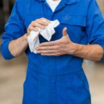 Industrial cleaning wipe removing grease from hands in a workshop