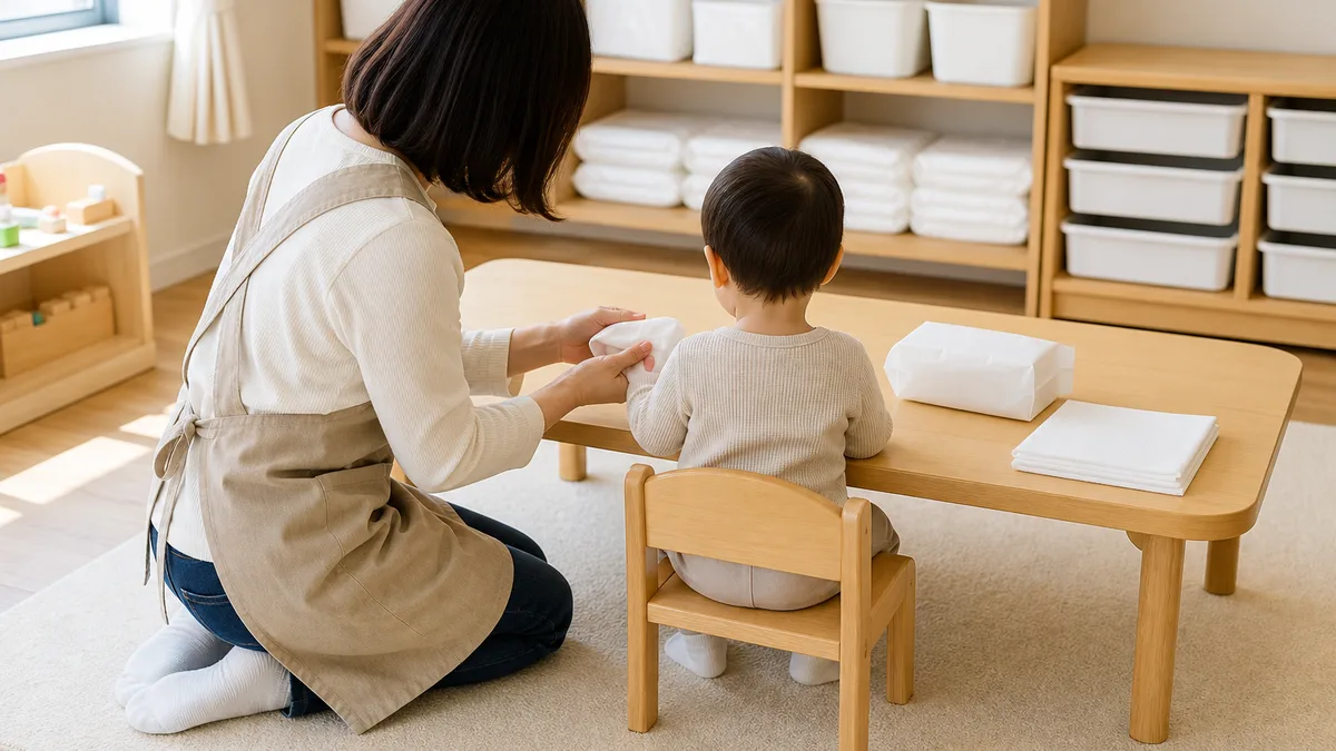 Childcare worker wiping a toddler's hands with a dry wipe at a low table stocked with daycare supplies