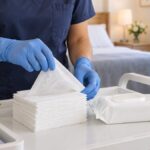 Gloved caregiver taking a dry nonwoven wipe from a stack beside a pack of wet wipes on a care cart