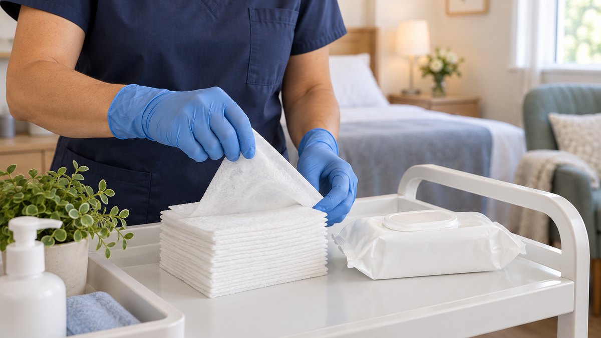 Gloved caregiver taking a dry nonwoven wipe from a stack beside a pack of wet wipes on a care cart