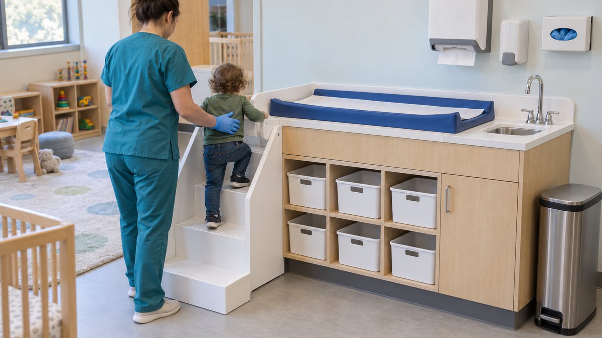 Caregiver in blue gloves helping a toddler climb the stairs of a daycare diaper changing station with a built-in sink