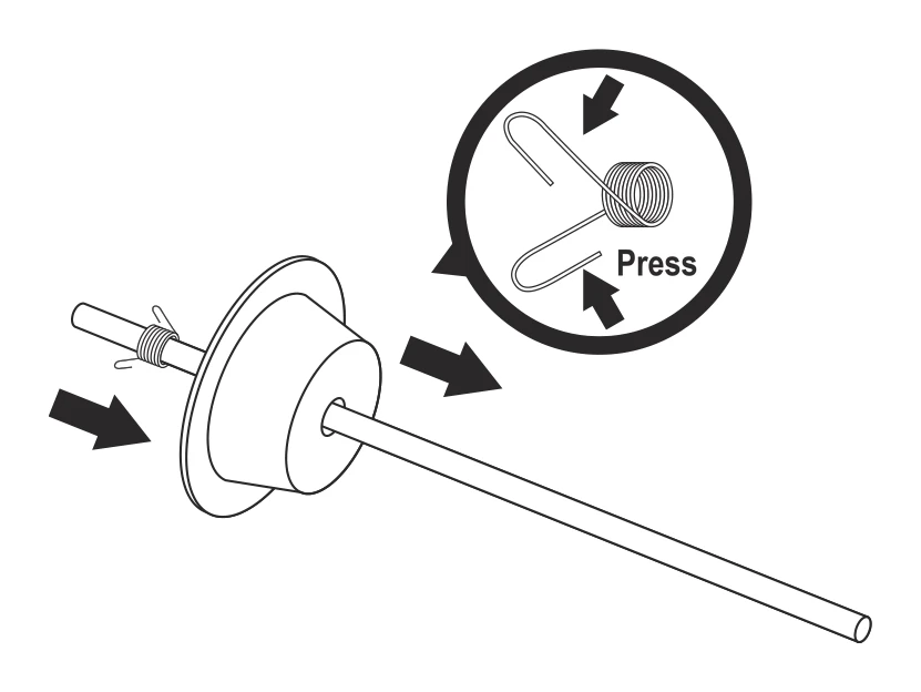 Assembly step 1: slide a plastic shaft onto the roll holder bar and press the spring clip