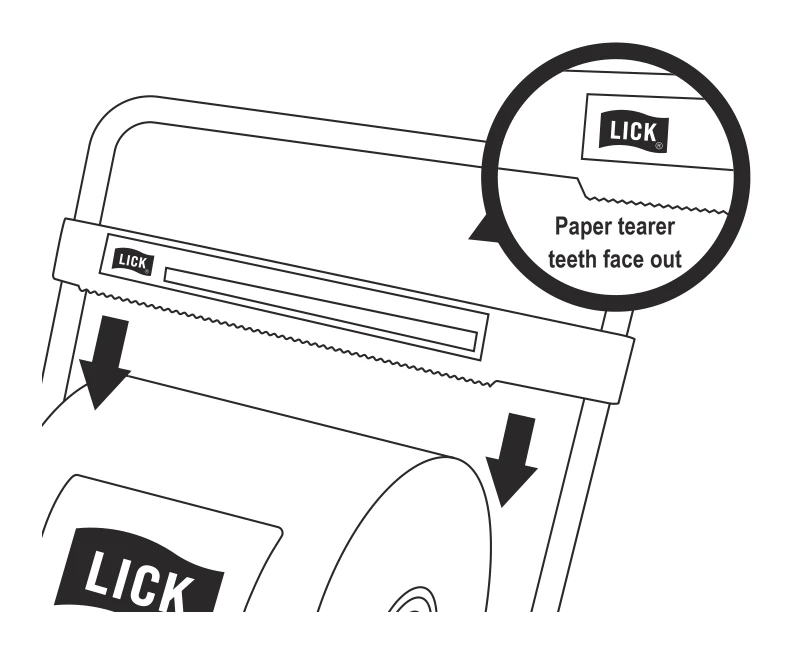 Assembly step 5: slide the paper tearer onto the stand from above, teeth facing out