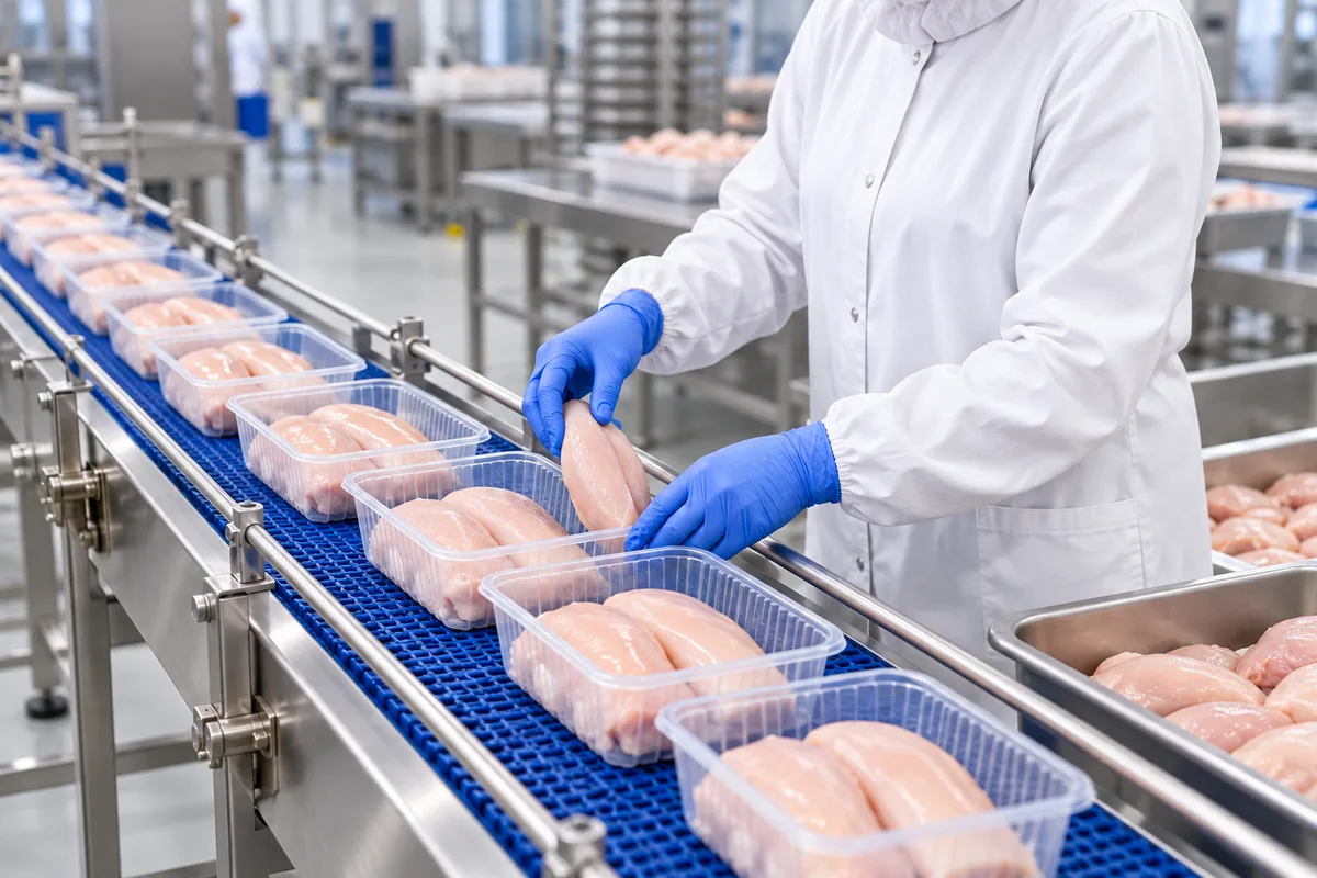 Gloved food plant worker placing raw chicken breasts into trays on a food-contact conveyor line