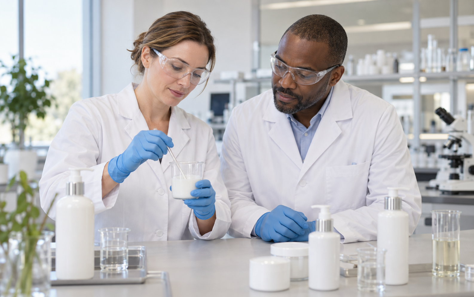 Cosmetics researchers examining an emulsion in a laboratory