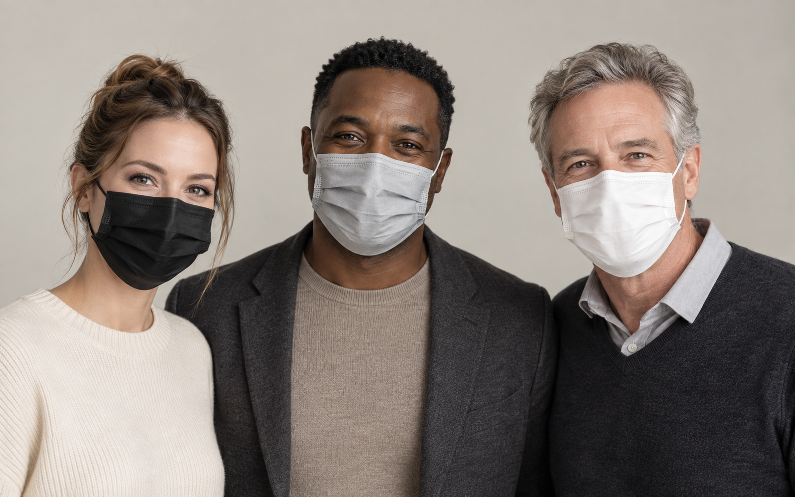 Three adults wearing black, grey and white disposable face masks