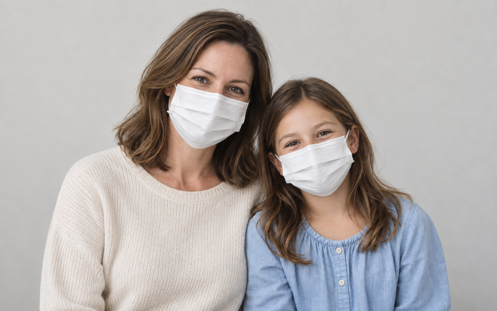 Mother and daughter wearing white disposable face masks