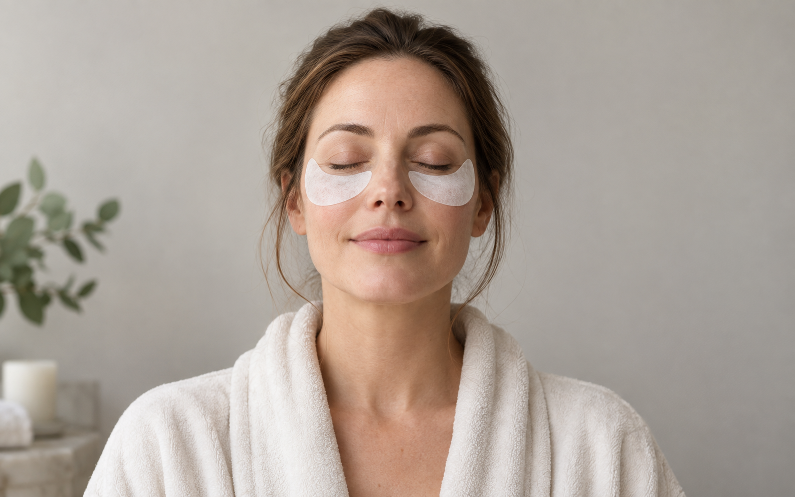 Woman wearing white nonwoven under-eye patches