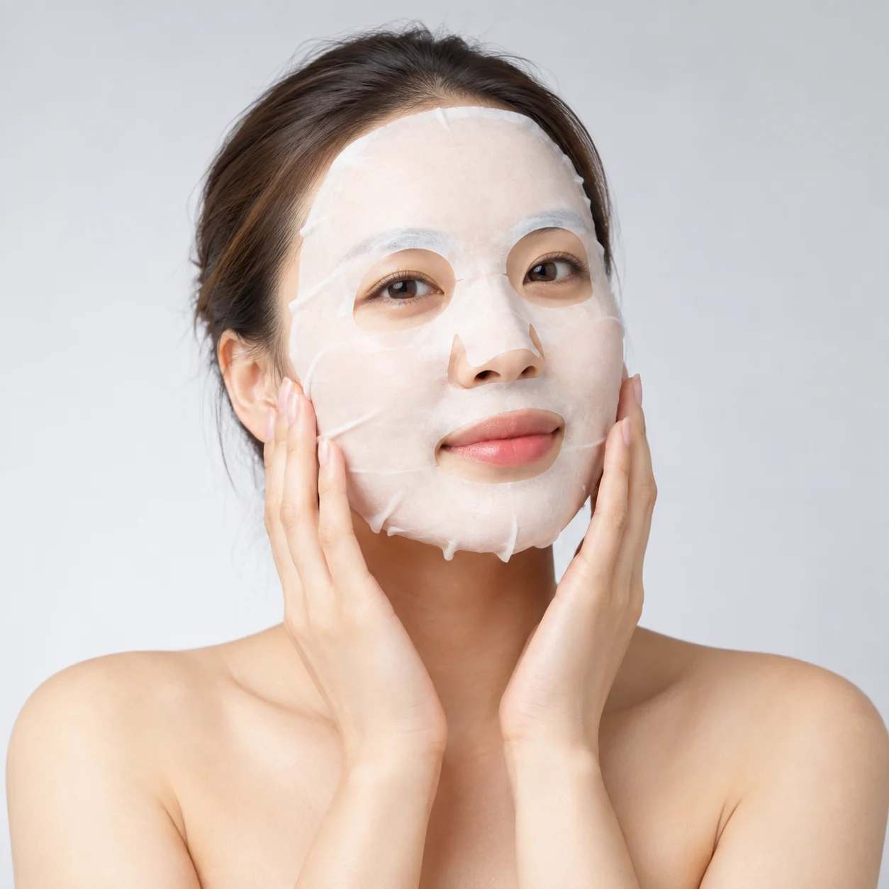 Woman wearing a white facial sheet mask