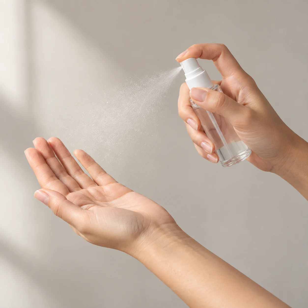 Hands spraying a skincare product onto the palm