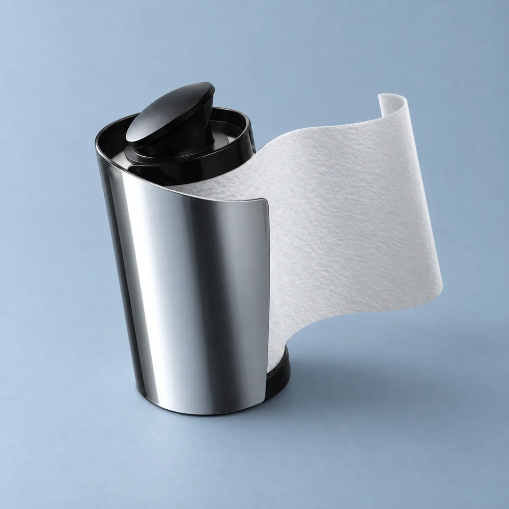 Metal tabletop tissue dispenser with a white nonwoven wipe pulled through the side
