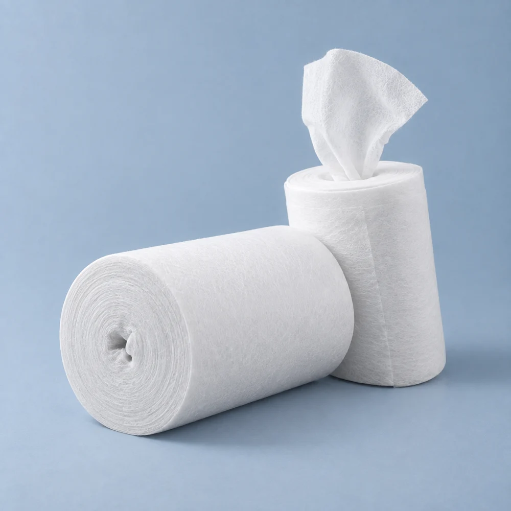 Two rolls of white nonwoven dry wipes with a sheet pulled from the centre