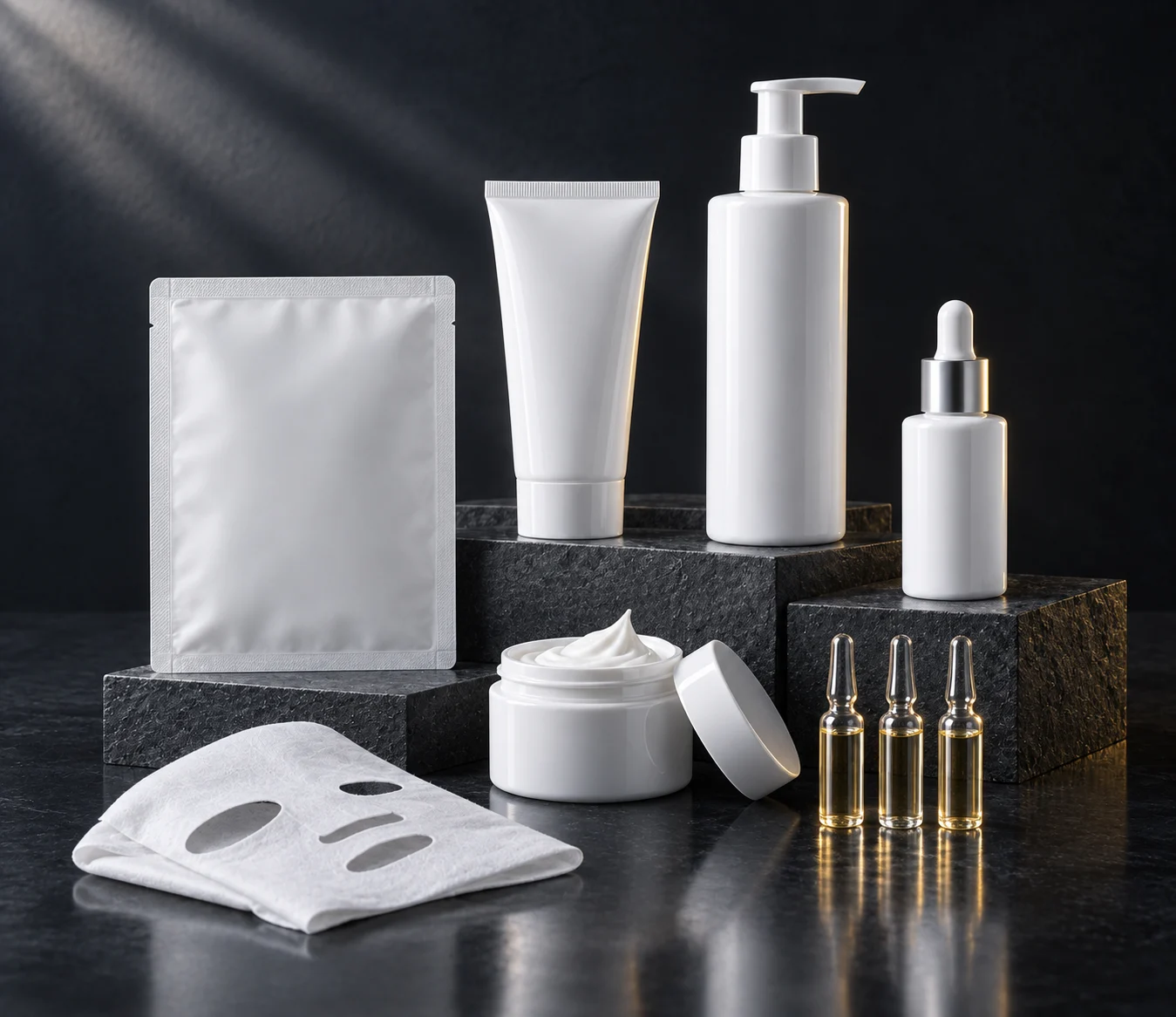 Unlabeled skincare bottles, tubes, jars and a sheet mask pouch ready for private label branding