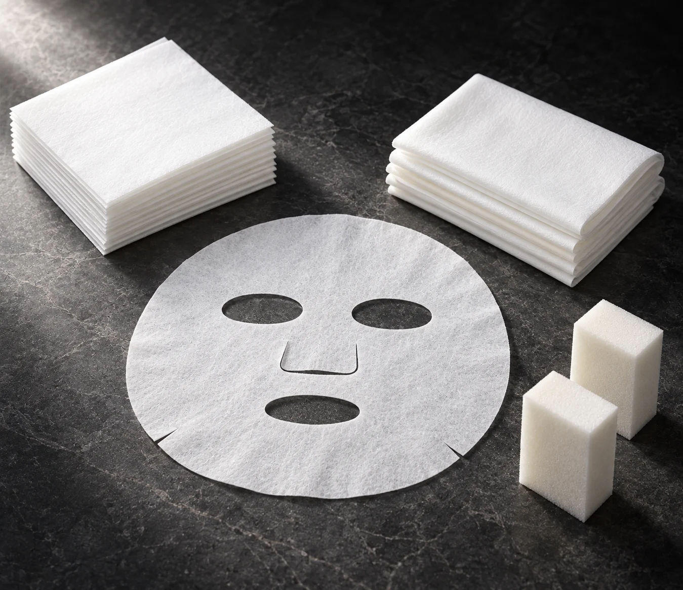 White sheet mask and stacks of nonwoven wipes on a dark worktop