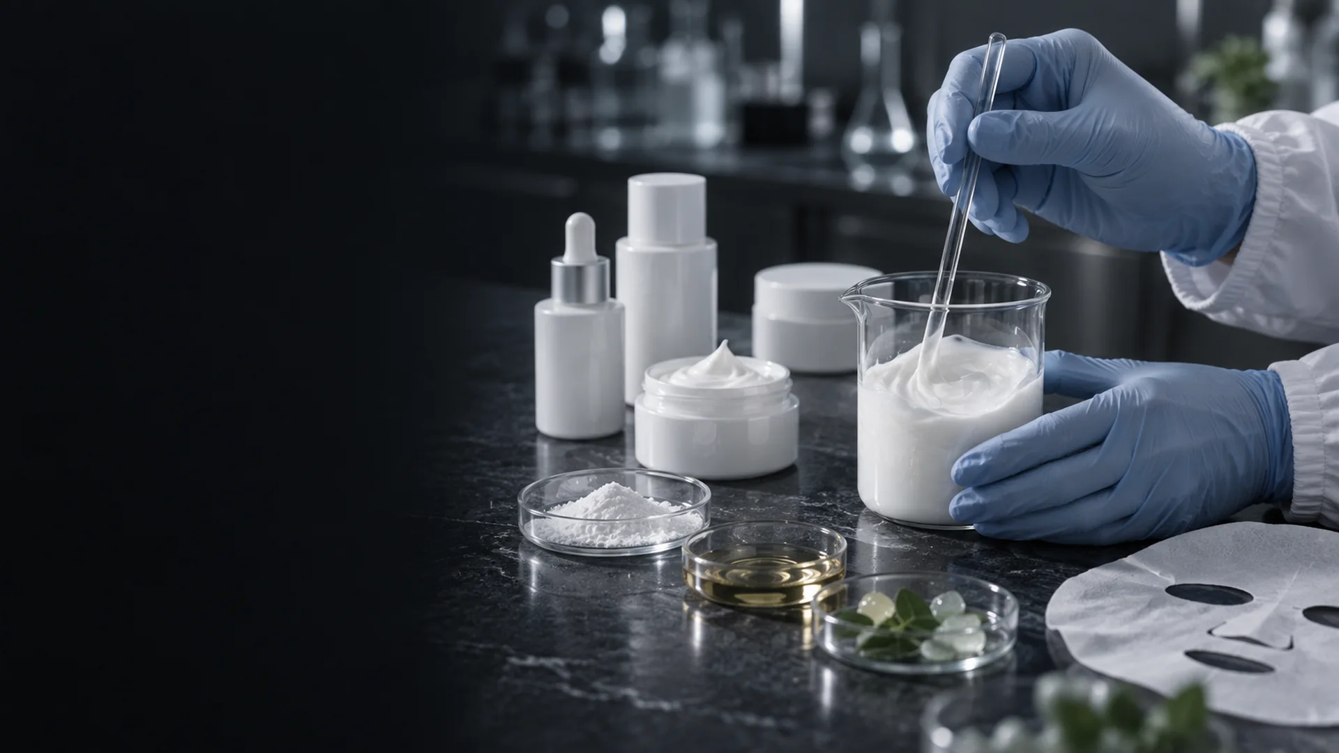 Gloved hands mixing a skincare cream in a glass beaker beside serum bottles, cream jars, raw ingredients and a sheet mask