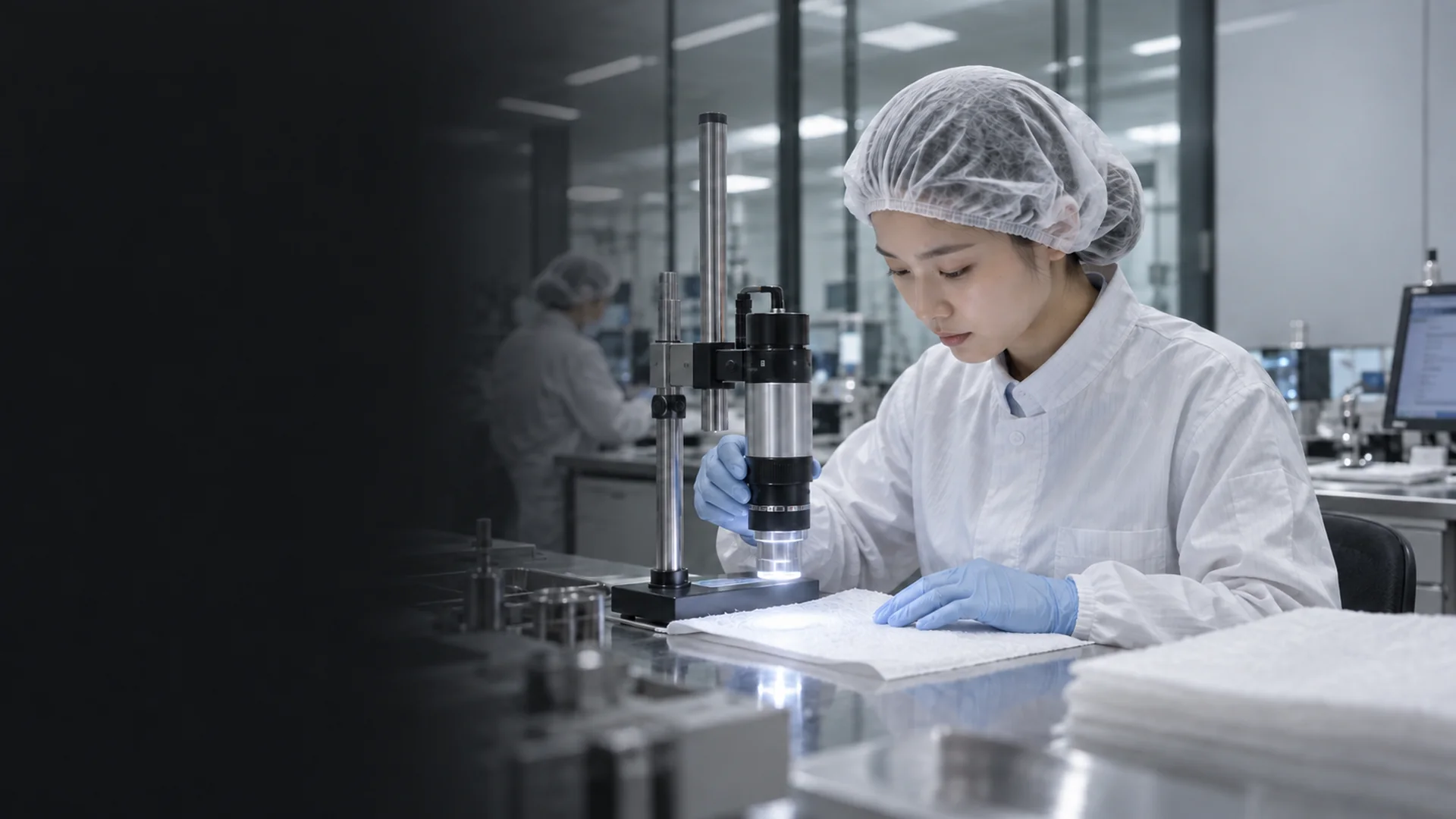 Quality inspector examining nonwoven wipe material under a microscope in a clean production area