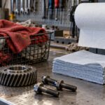 Maintenance bench with a basket of cotton shop rags beside a roll of white nonwoven wipers and quarterfold wipes