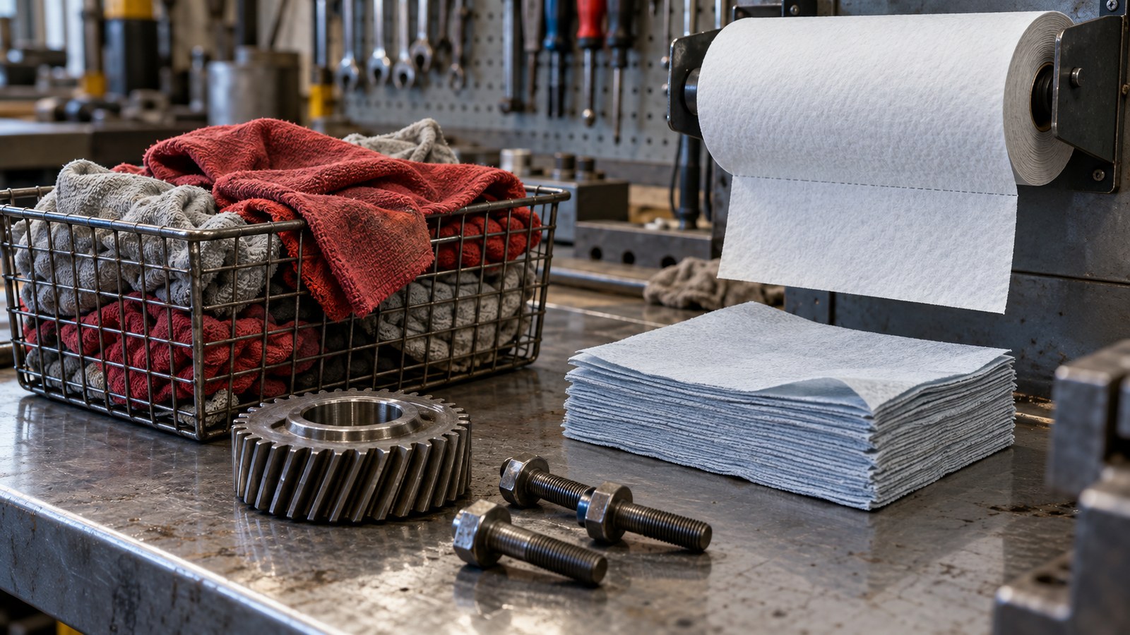 Maintenance bench with a basket of cotton shop rags beside a roll of white nonwoven wipers and quarterfold wipes
