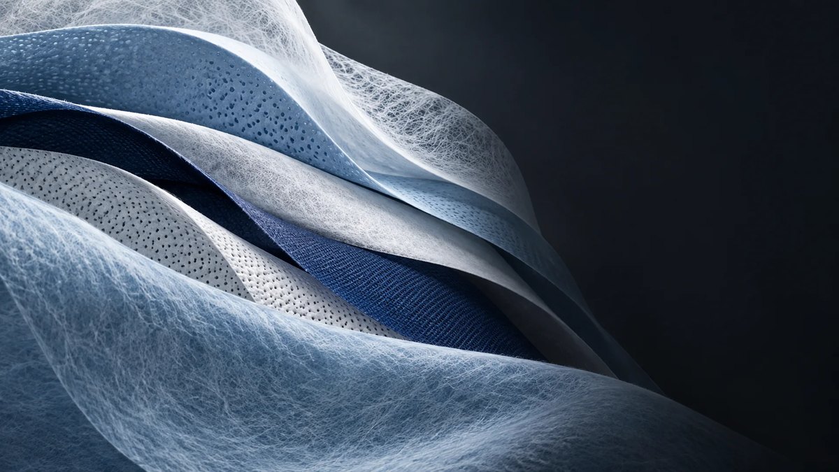 Layered white and blue nonwoven fabrics showing fibrous, apertured, and embossed textures