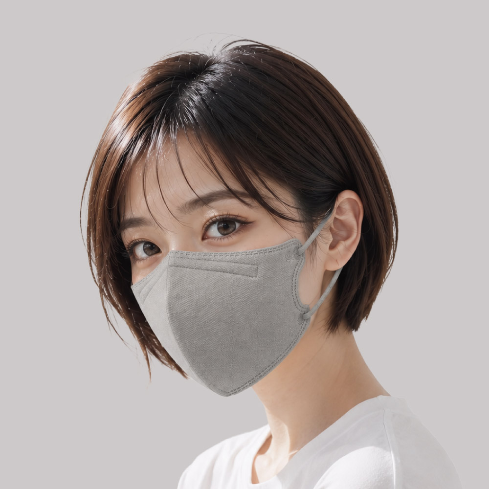 ผู้หญิงสวมหน้ากากอนามัยทางการแพทย์ 3 มิติ สีเทา มุมสามส่วนสี่