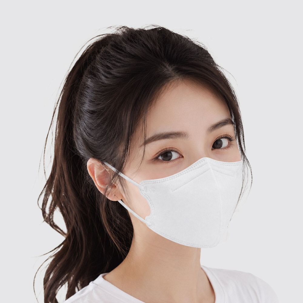 ผู้หญิงสวมหน้ากากอนามัยทางการแพทย์ 3 มิติ สีขาว มุมสามส่วนสี่