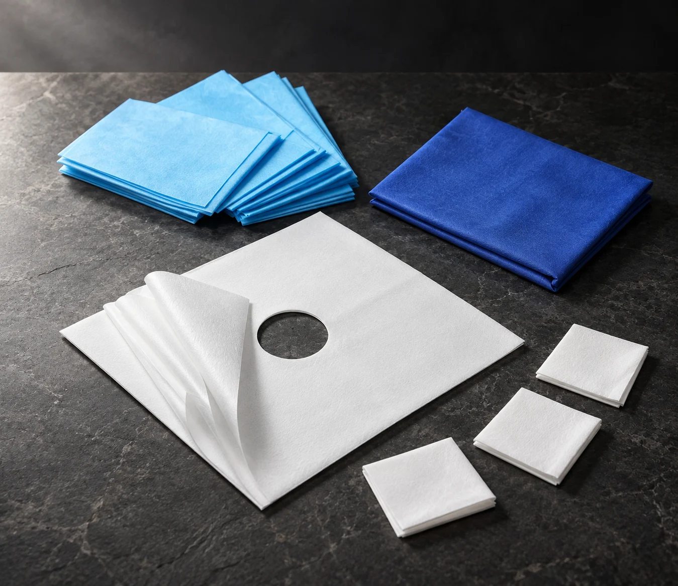 White composite nonwoven sheets with a circular opening and folded blue fabric samples on a dark worktop