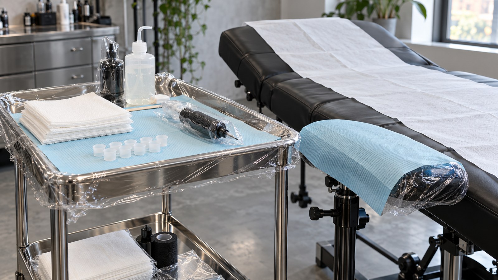 Tattoo station set up with a blue dental bib on a wrapped tray cart, a covered tattoo bed and a wrapped armrest