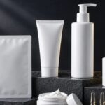 Unlabeled skincare bottles, tubes, jars and a sheet mask pouch ready for private label branding