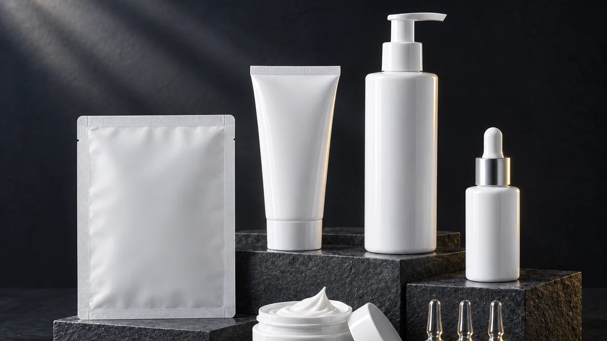 Unlabeled skincare bottles, tubes, jars and a sheet mask pouch ready for private label branding